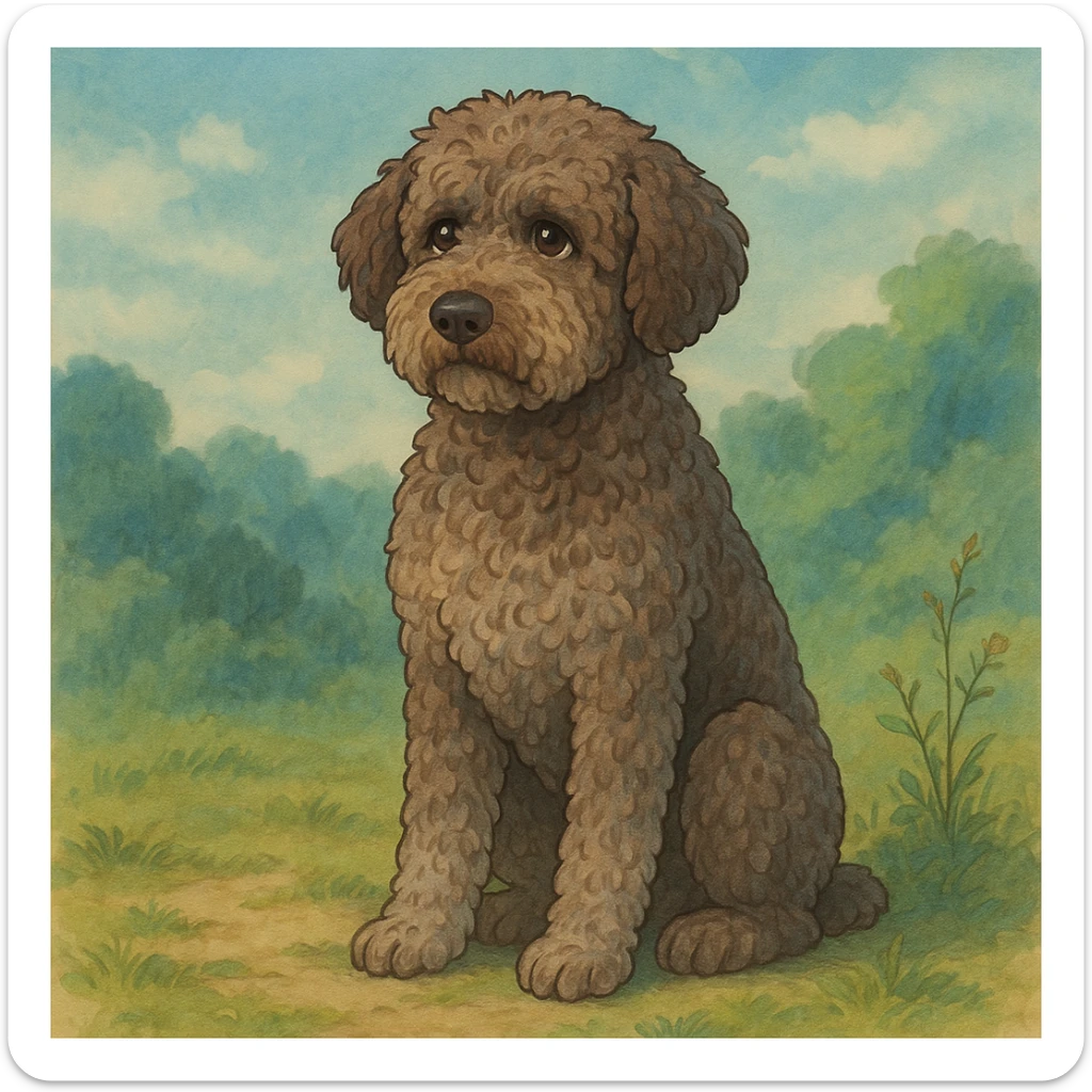 illustration of a roan Lagotto Romagnolo dog, sitting, soft background, ghibli style sticker