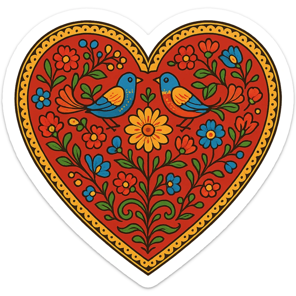 red heart with Slavic folk art nature motif, bright folk colors, stylized flowers, birds, and vines, ornate, border around heart sticker