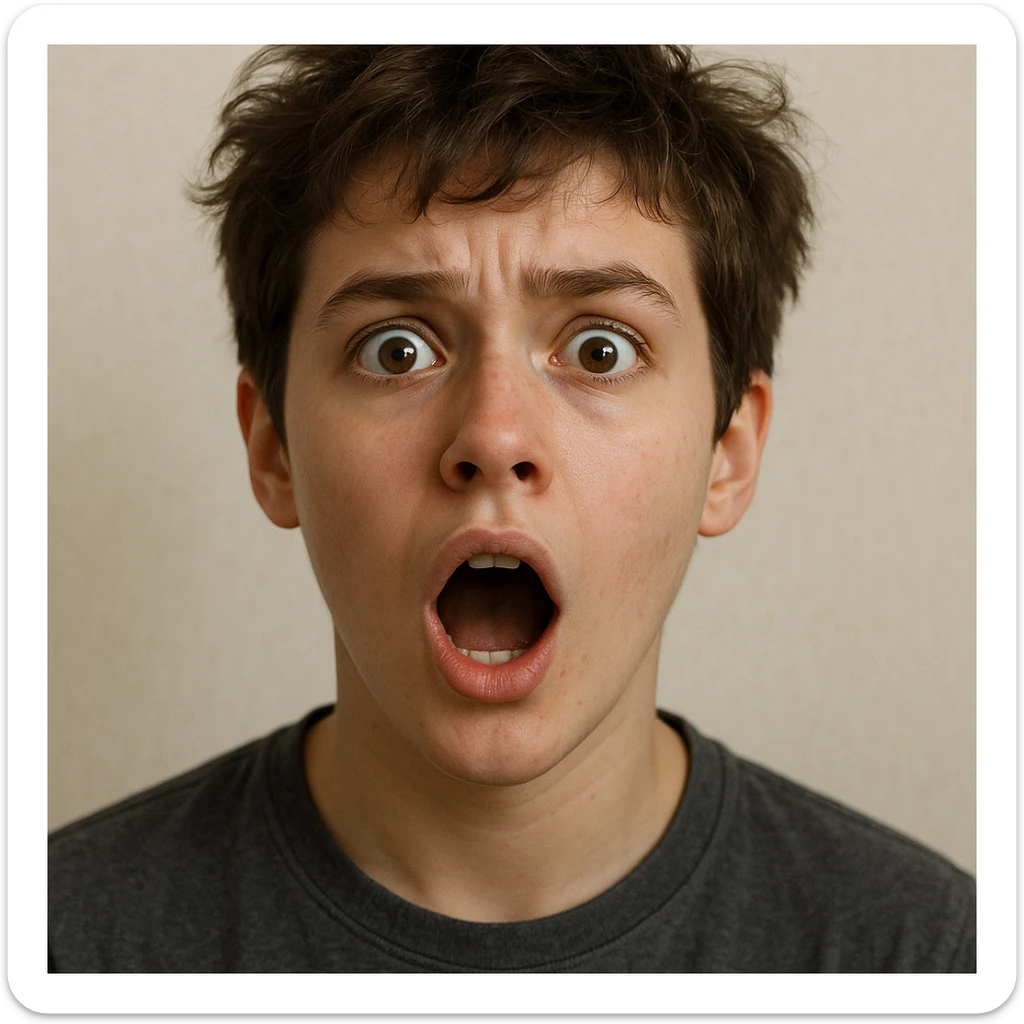 realistic portrait of a young person with short tousled brown hair, light skin, surprised expression, inspired by the reference image sticker