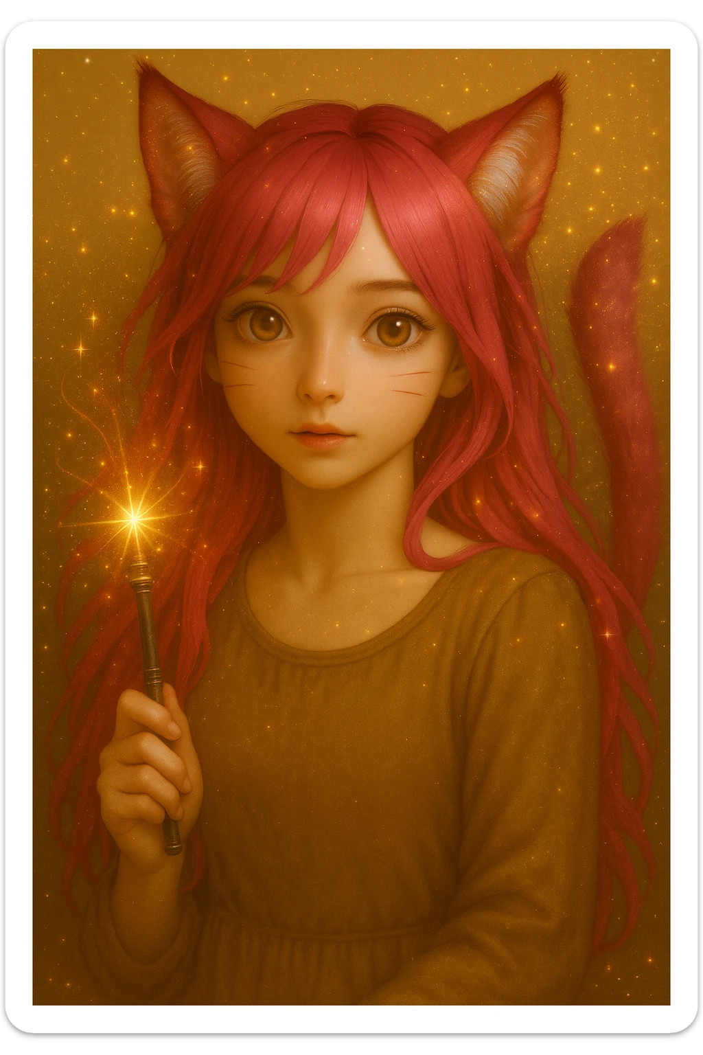 Add sparkles, magical glows, and shimmering effects around the catgirl and her accessory, keeping the realistic anime style. Maintain the realistic anime look with glowing particles and magical auras enhancing the scene. sticker