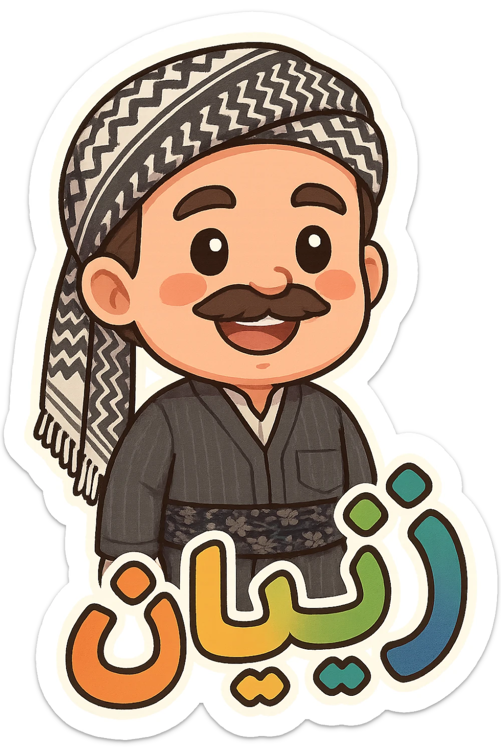 Create a colorful and cheerful Kurdish cartoon sticker with traditional clothing exactly like the reference image. Add the Kurdish text 'ژیان' in a vibrant and happy style, suitable for WhatsApp and Instagram, with a transparent background. sticker