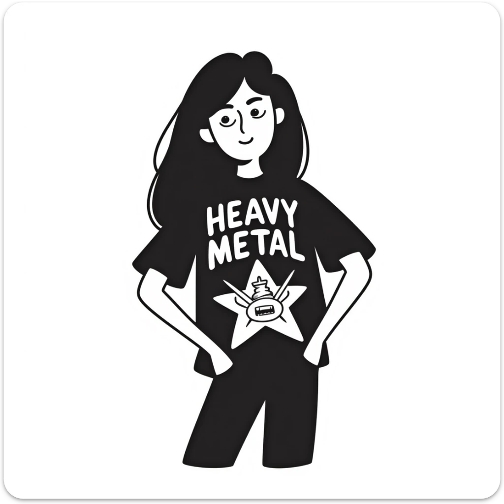 A person with long black hair, wearing a heavy metal band shirt, with a cool smirk on their face sticker