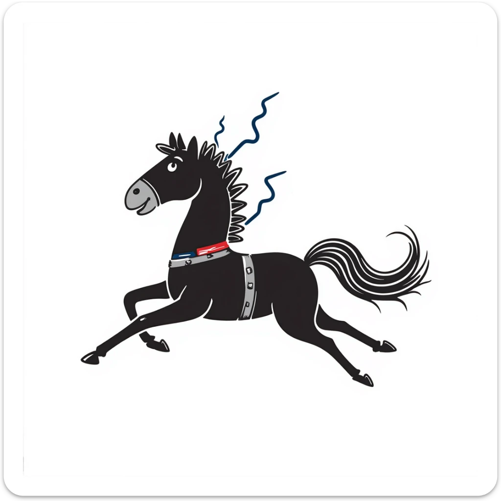 Fast running electric horse constructed from metal plates, bolts, blue and red wires, with electricity and lightning coursing through its body sticker