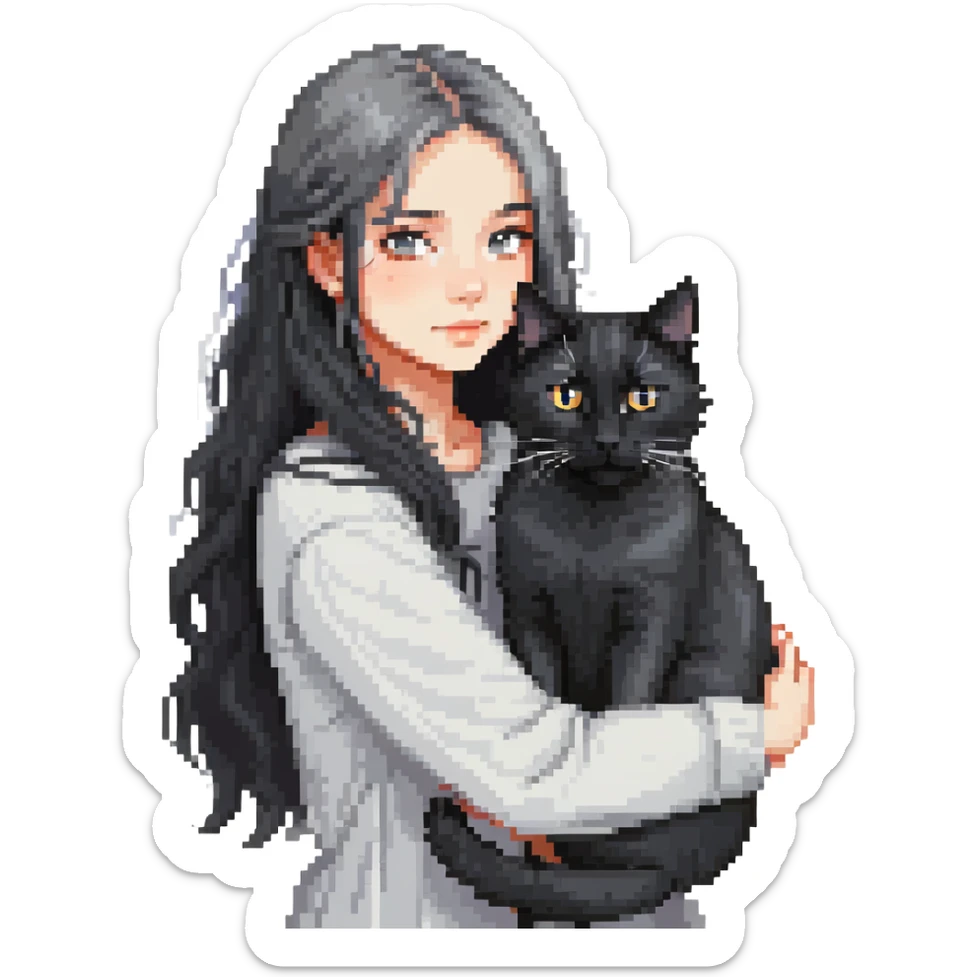 Beautiful girl with long black hair hugs a gray and blond mixed breed cat sticker