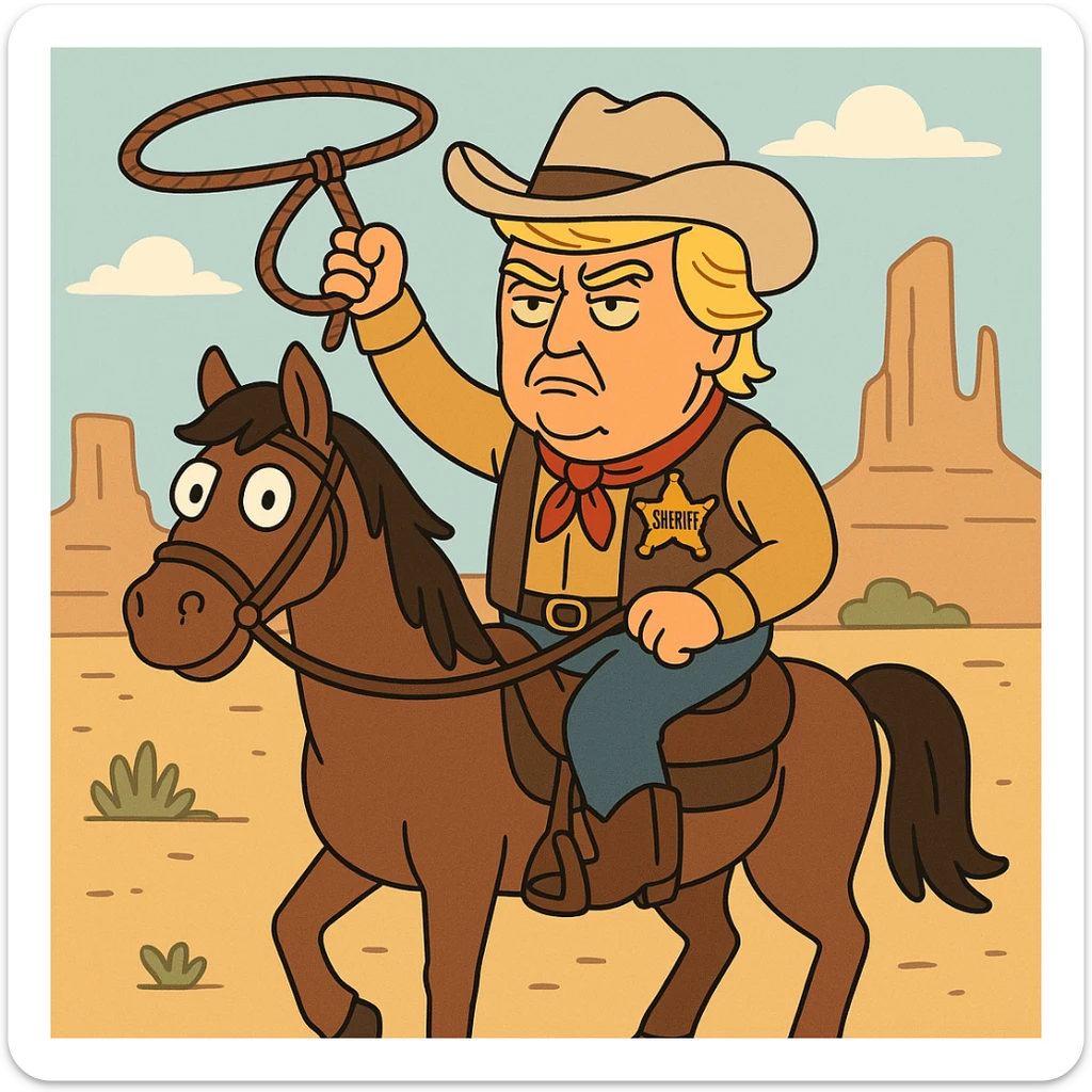 Donald Trump as a cowboy, riding a horse, with a sheriff badge, western desert background, cartoon style sticker