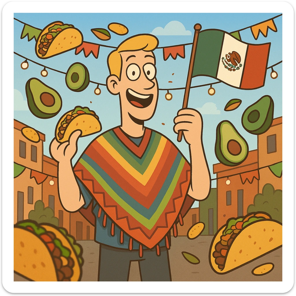 playful cartoon of a tall white American with blonde hair, colorful poncho, smiling, holding taco and avocado, waving Mexico flag, surrounded by tacos and avocados, street party scene sticker