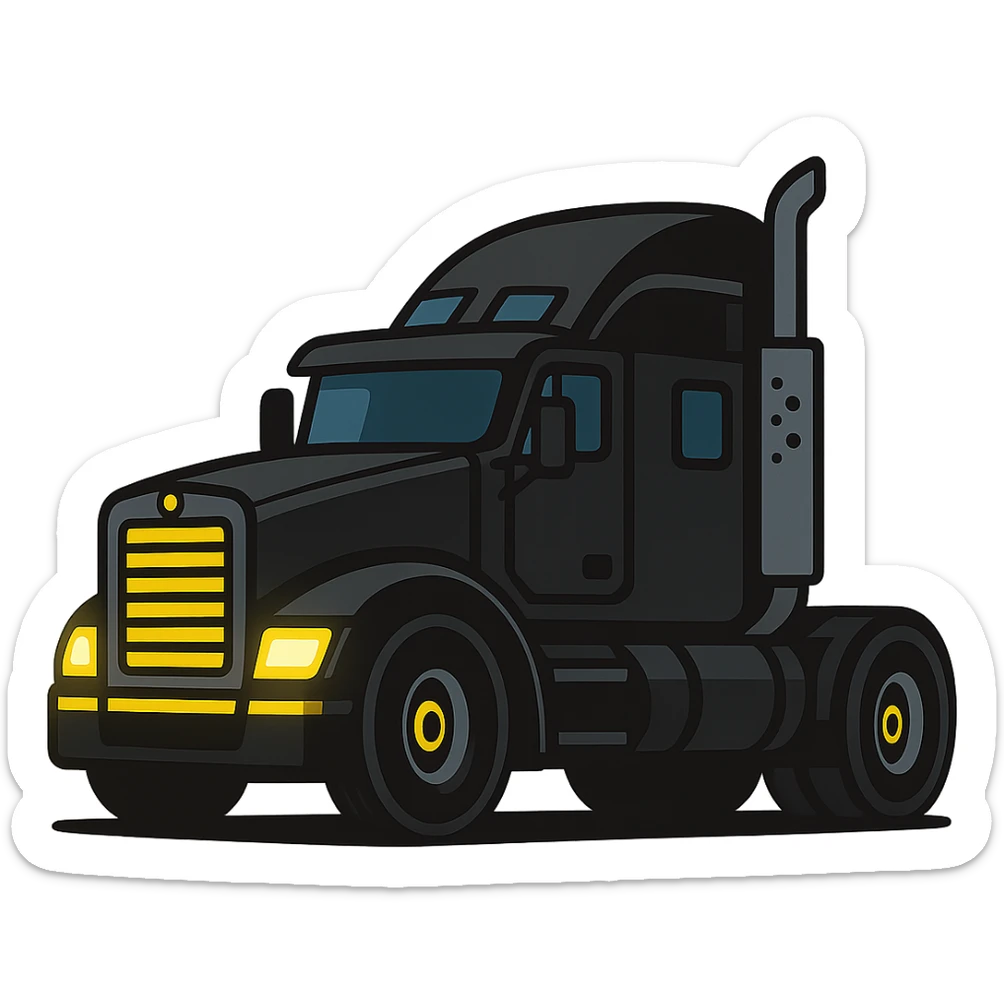 Change the 2026 Kenworth Sleeper semi truck to black color, keep the cartoonish vibrant style, side view, headlights on, no background. sticker
