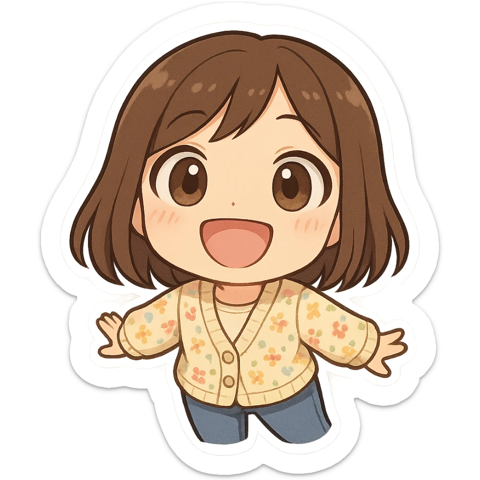 chibi sticker of a girl with brown straight hair and brown eyes, wearing a pastel floral cardigan and jeans, wide fish-eye smile close to the camera, white outline, transparent background, 512x512px sticker