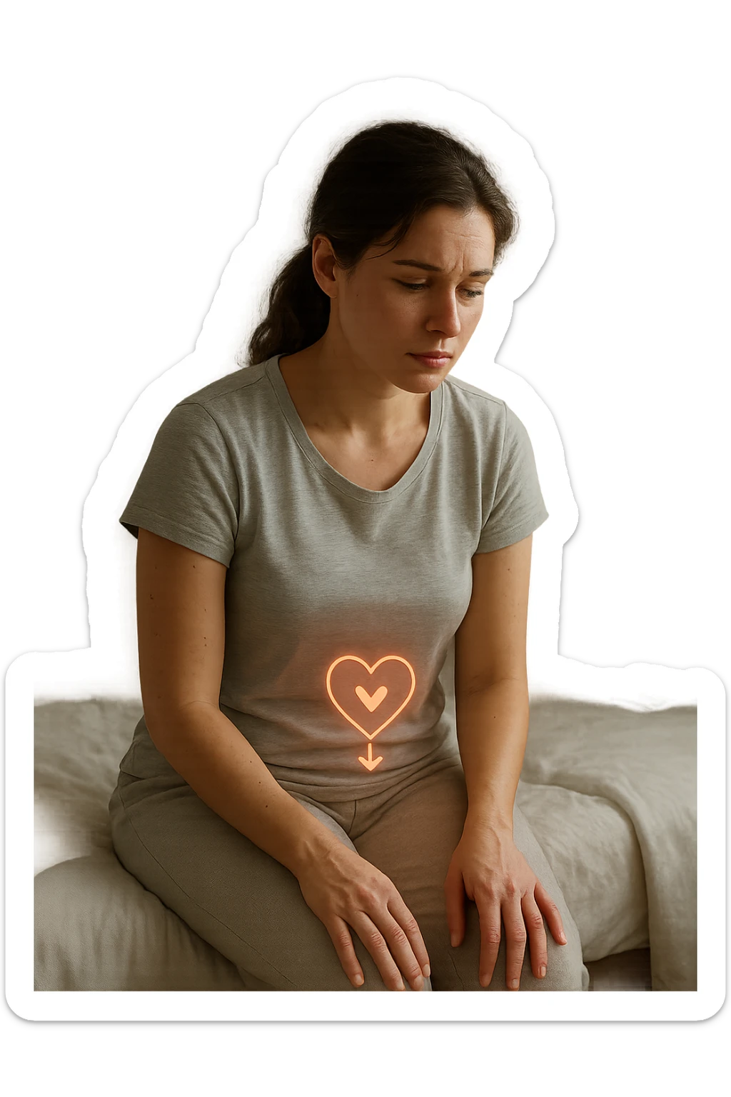 3D realistic medical illustration: a young woman in her 20s or 30s sits on the edge of a bed in a softly lit bedroom, looking thoughtful and slightly concerned. She wears comfortable loungewear, her posture is slouched, and her expression is subdued. Subtle visual cues—such as a faded calendar with missed menstrual cycles and a dimmed heart or energy icon near her abdomen—symbolize low libido and amenorrhea. The scene is realistic, intimate, and empathetic. sticker