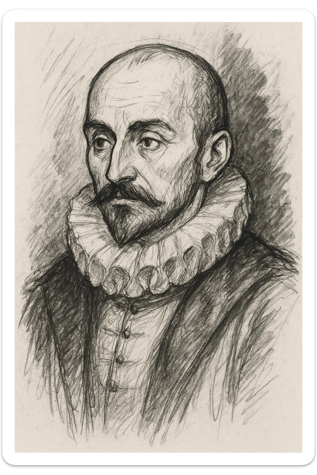 make a less detailed portrait of Montaigne, the french philosopher, a black outline sticker