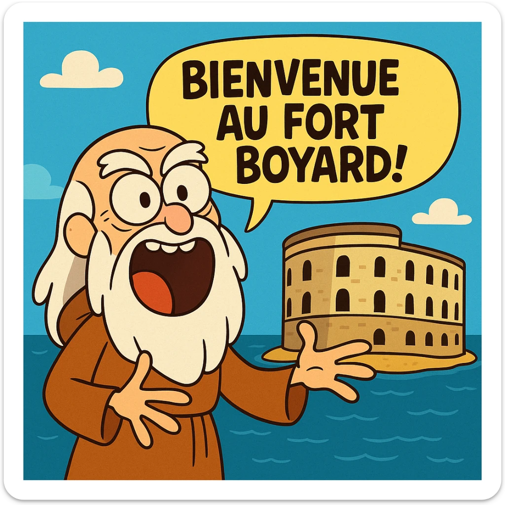 Père fouras  de fort boyard qui cri bienvenue au fort boyard // style enfantin dessin animé cartoons américain style gumball sticker