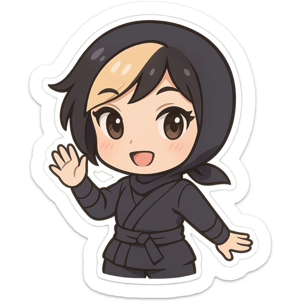 Chibi ninja girl with black short hair and a blonde streak, big head, small body and arms, not overly round or infant-like, cute and playful, anime-style face with large expressive eyes, small nose and mouth, subtle blush, hand fully raised, waving to the left, smiling, pastel colors, soft shading, clean outlines, no mask, transparent background, face looks sexy with slightly parted lips, confident gaze, longer lashes, subtle contouring, for animation frame 3 sticker