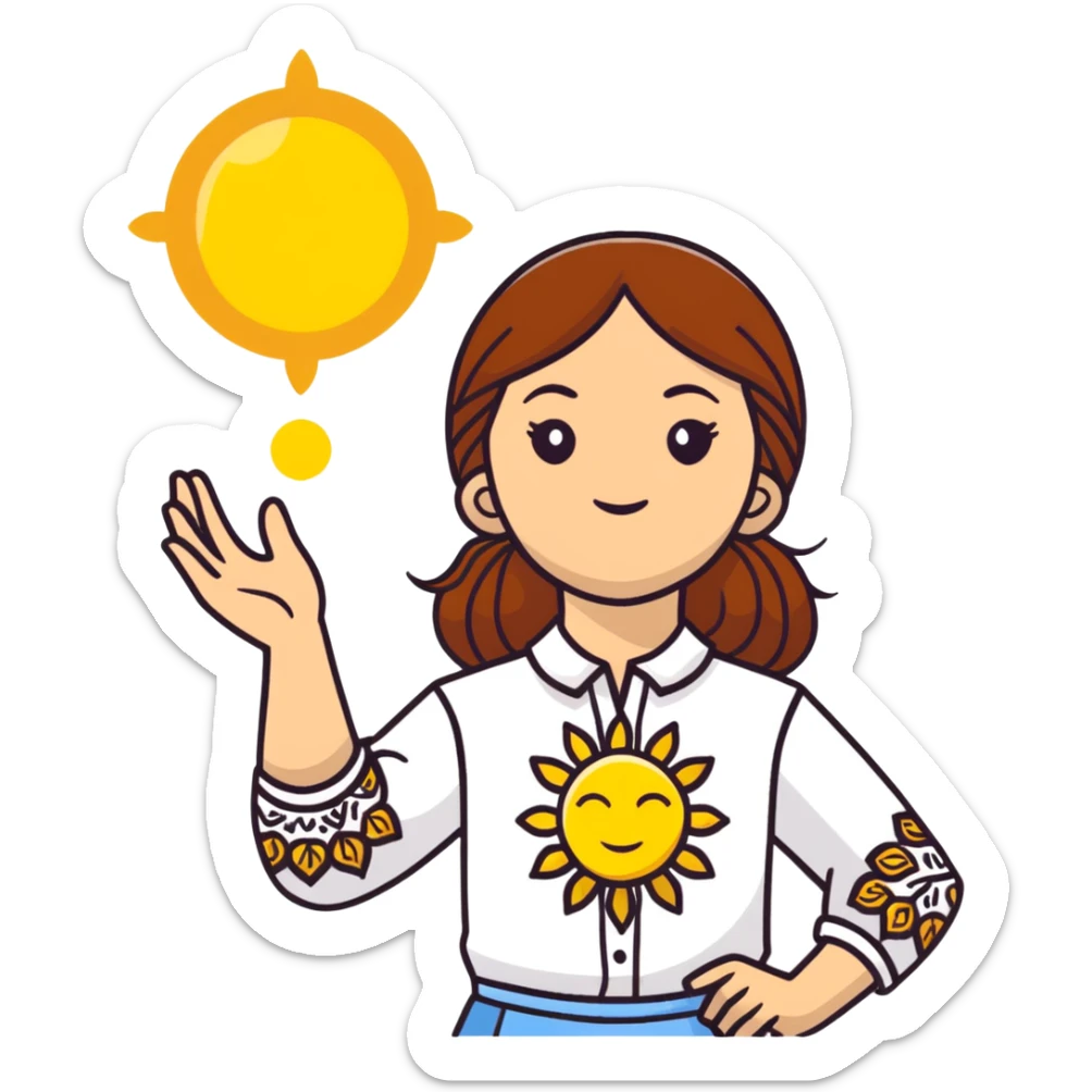 A young Ukrainian girl with brown hair wearing a white embroidered shirt holds the sun in her hands sticker