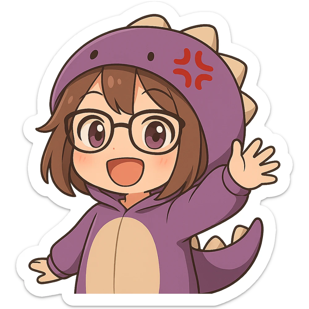Chibi anime style gamer girl with glasses, brown hair, dark purple eyes, wearing a purple dinosaur costume, waving pose, happy expression, no controller, no background, same style as reference. sticker