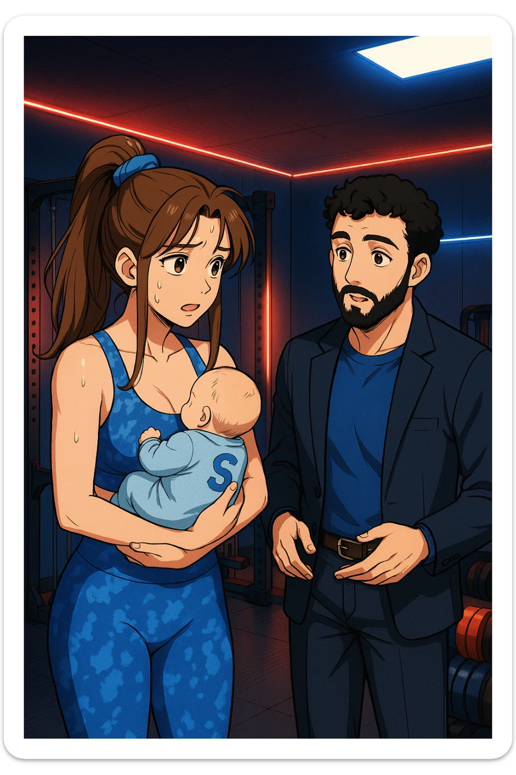 ispirati a questo stile di disegno e fai questa immagine in versione manga/webtoon a colori, il manga mostra la donna preoccupata con un neonato in braccio con una tutina azzurra e la scritta "S" sulla schiena, la donna gli sta facendo una domanda all'uomo, ma non fare i fumetti, fai come se stessero parlando sticker