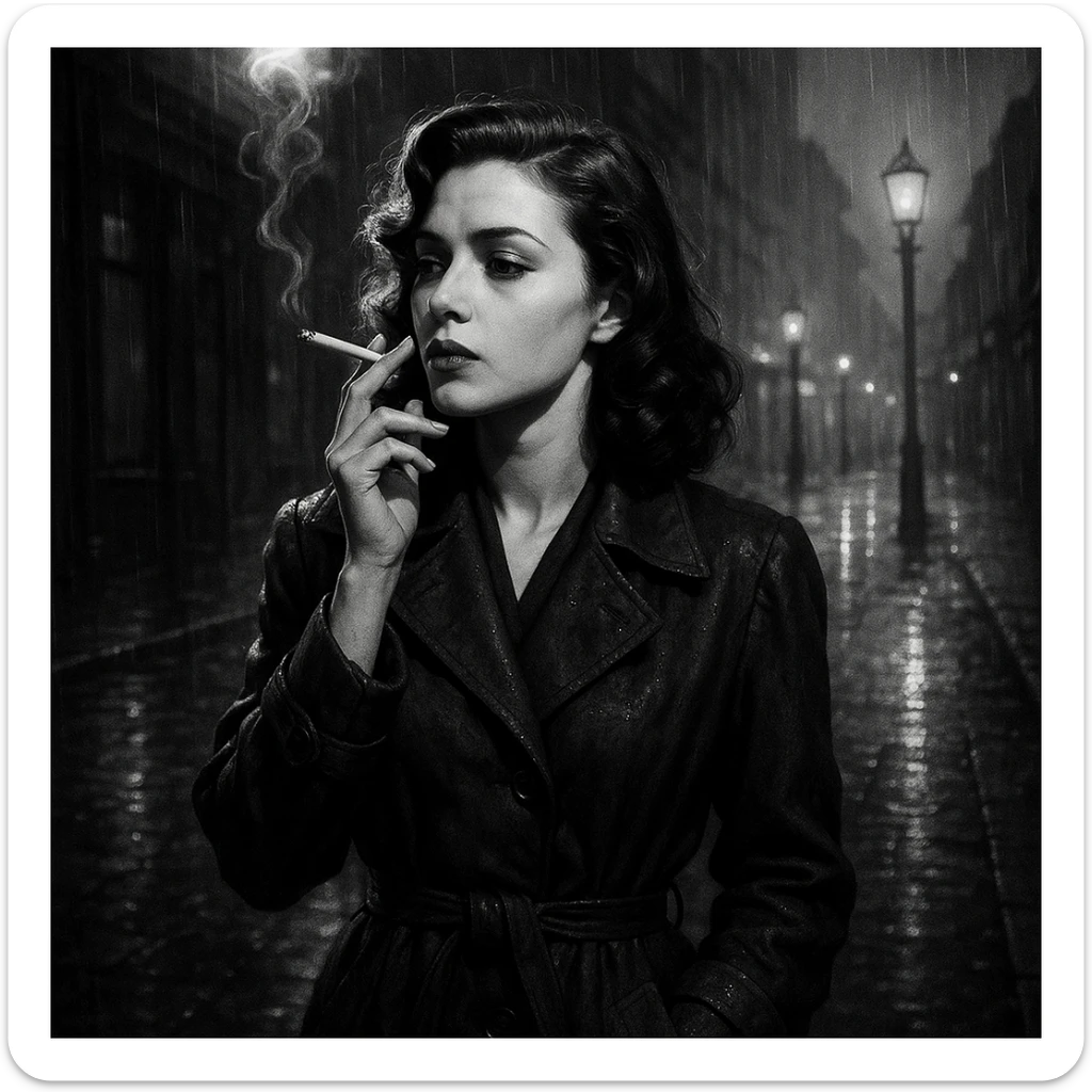 a girl smoking, noir style, rain-soaked street, 1940s atmosphere, expressive shadows sticker