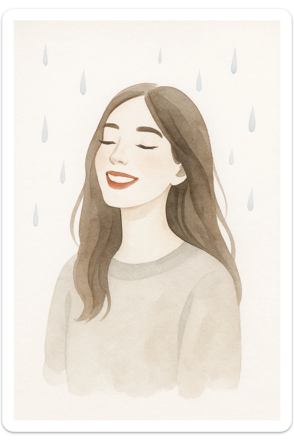 white woman with long brown hair and brown eyes, wearing a sweater, smiling in the rain, with long eyelashes and red lips, in a soft watercolor style sticker