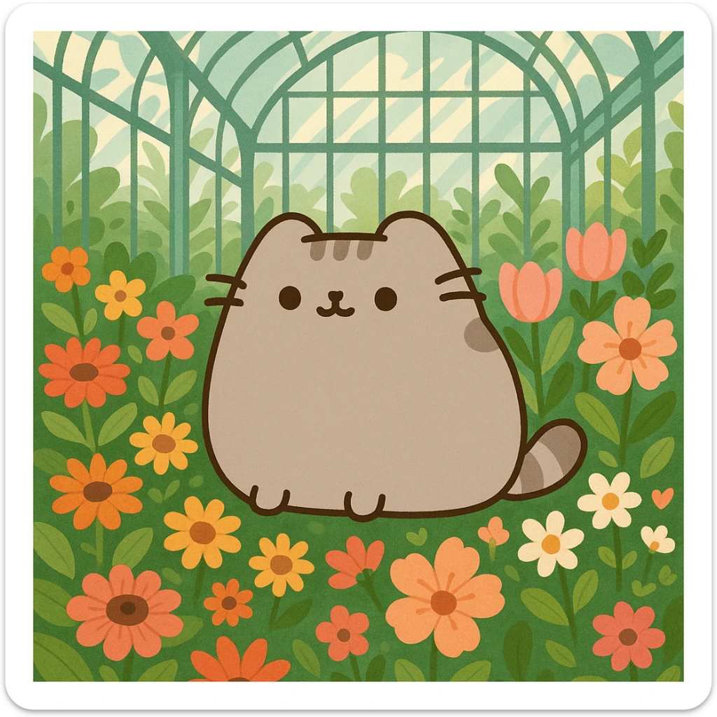 scottish fold pusheen cat surrounded by flowers in a botanical garden greenhouse sticker