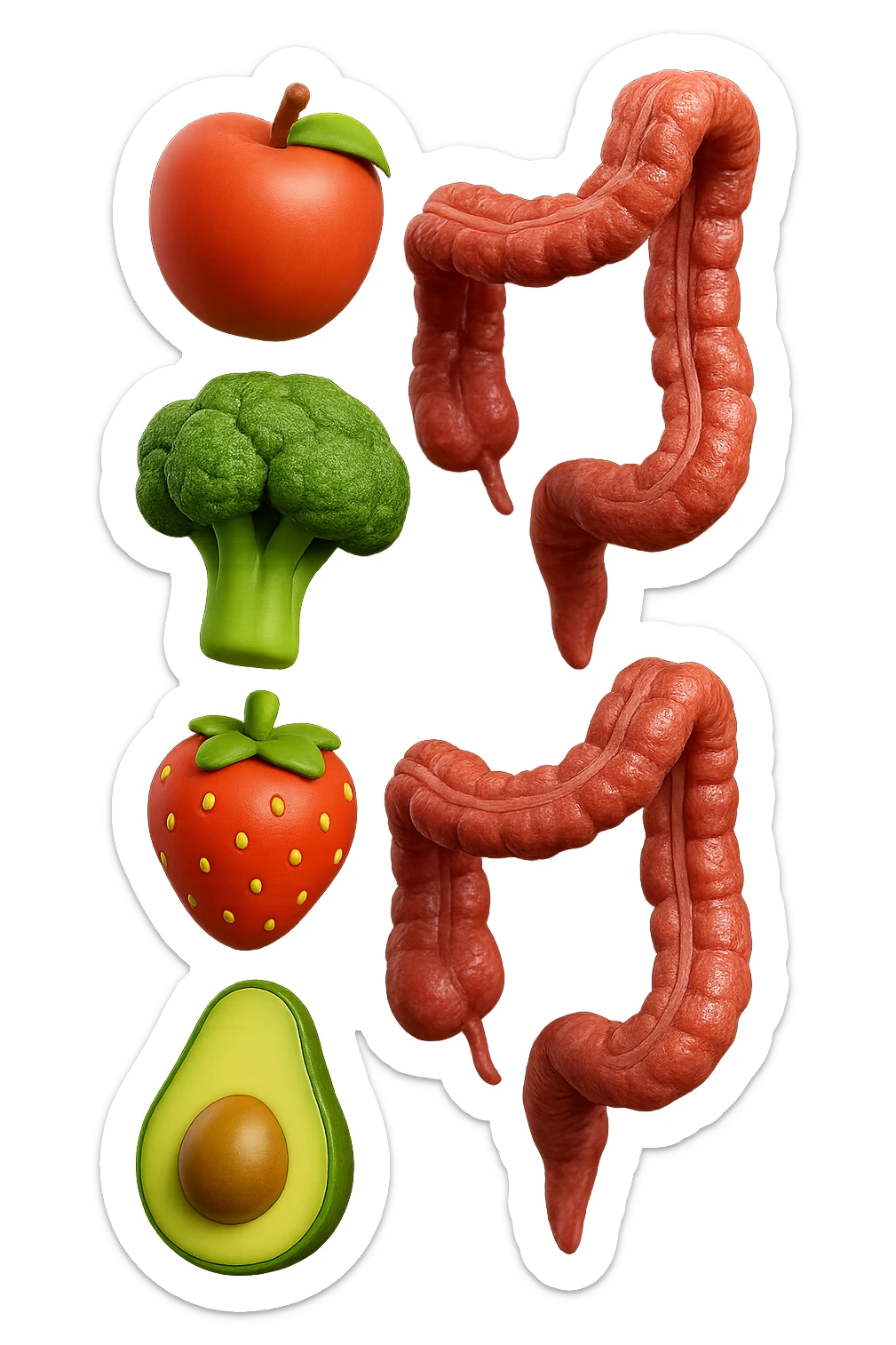 emoji stile iphone in 3d di cibo sano che fluttua in aria vericalmente insieme a pezzi di colon umano anatomico, iperrealistico 4k sticker