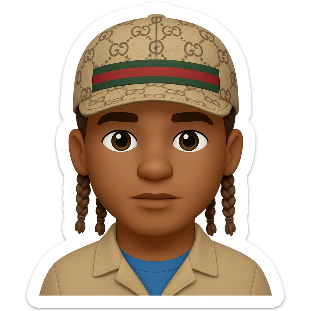 Homme avec des tresses plus courtes et une casquette Gucci, style emoji, sans fond. Note: style emoji does not support editing, so using general style editor with emoji style intention. sticker