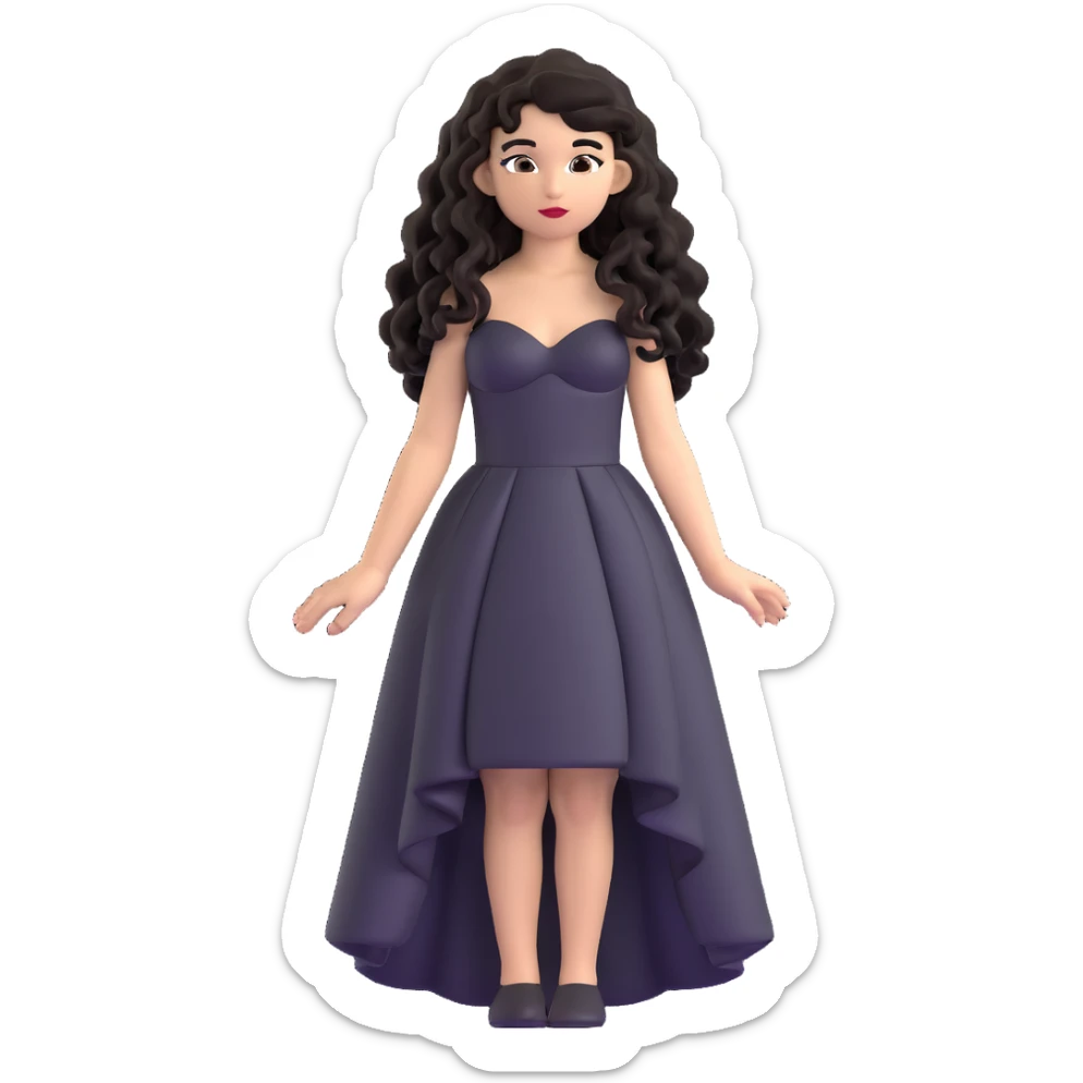 light skin girl with black very long curly hair, brown eyes, black Chanel dress sticker