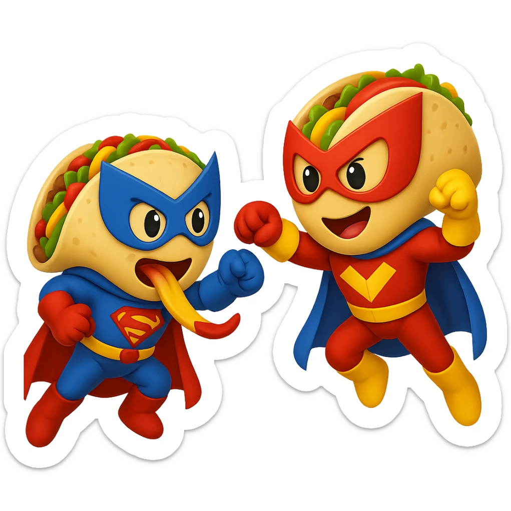 Add superhero costumes to the fajita and taco as they battle in emoji style, no background. sticker