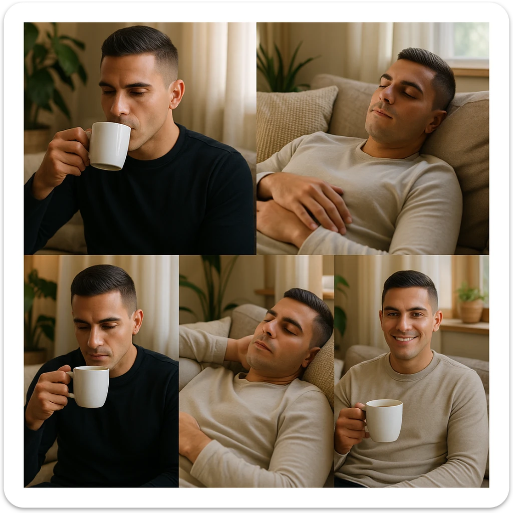 Create 5 variants of an adult man inspired by the face in the reference photo. The man is drinking coffee in some images and lying down for a 20-minute afternoon nap to regain energy in others. The setting is relaxed with natural light and a wellness atmosphere. Focus on a calm, peaceful mood with natural lighting and a cozy environment. sticker