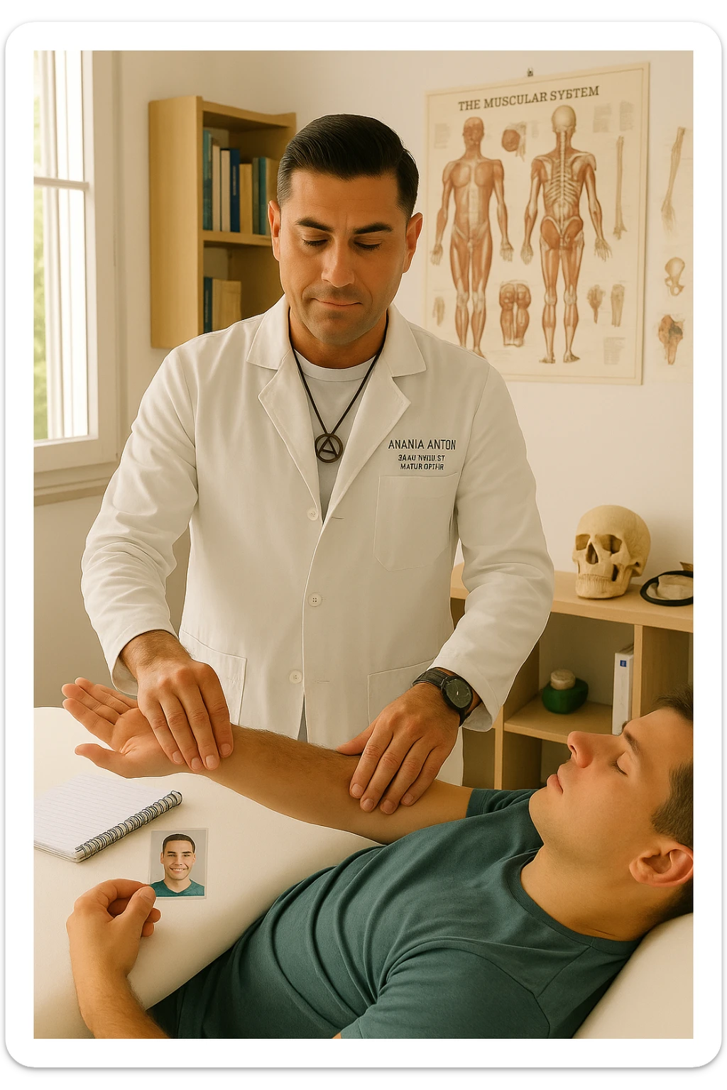 a middle-aged man, dressed in casual professional attire, is in a bright, organized therapy studio. Durante una visita di kinesiologia, il praticante tiene con una mano la foto di una persona lontana (il “testimone”) appoggiata su un tavolo, mentre con l’altra mano esegue un test muscolare su un cliente presente. Sullo sfondo si vedono libri di kinesiologia, poster anatomici e strumenti tipici della disciplina. L’atmosfera è concentrata e serena, con luce naturale che entra dalla finestra, sottolineando l’aspetto alternativo e umano della pratica. sticker