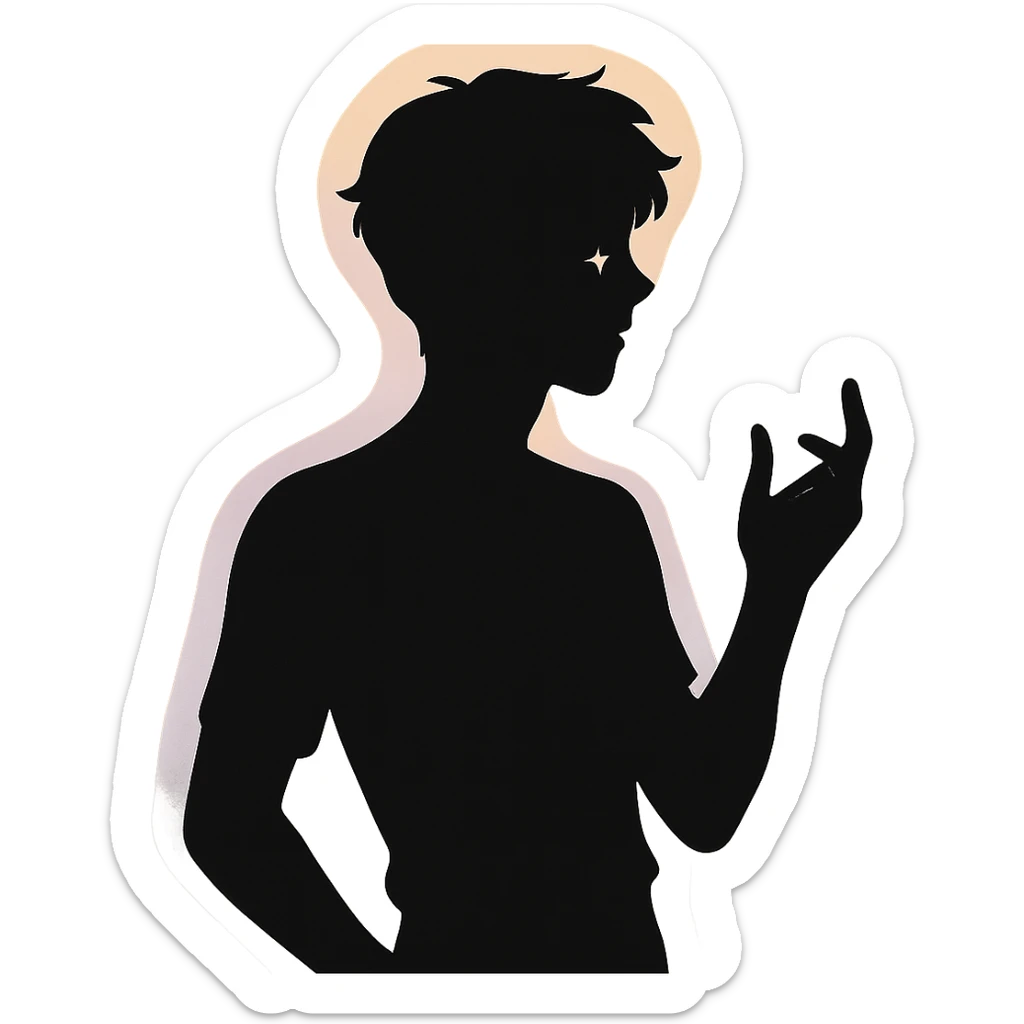 minimalist silhouette of a youthful male figure with a gentle pastel aura, subtle sparkle near the eyes, and a relaxed, confident pose, exuding effortless charm and playful unpredictability sticker