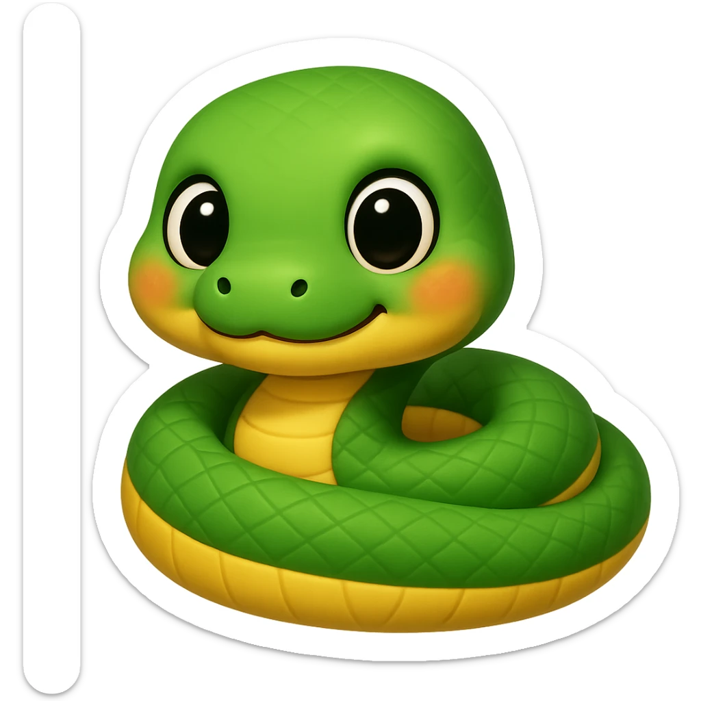 Make the baby anaconda look even younger and cuter, with a rounder face, bigger eyes, and a smaller body, in a simple and adorable emoji style, no background. sticker