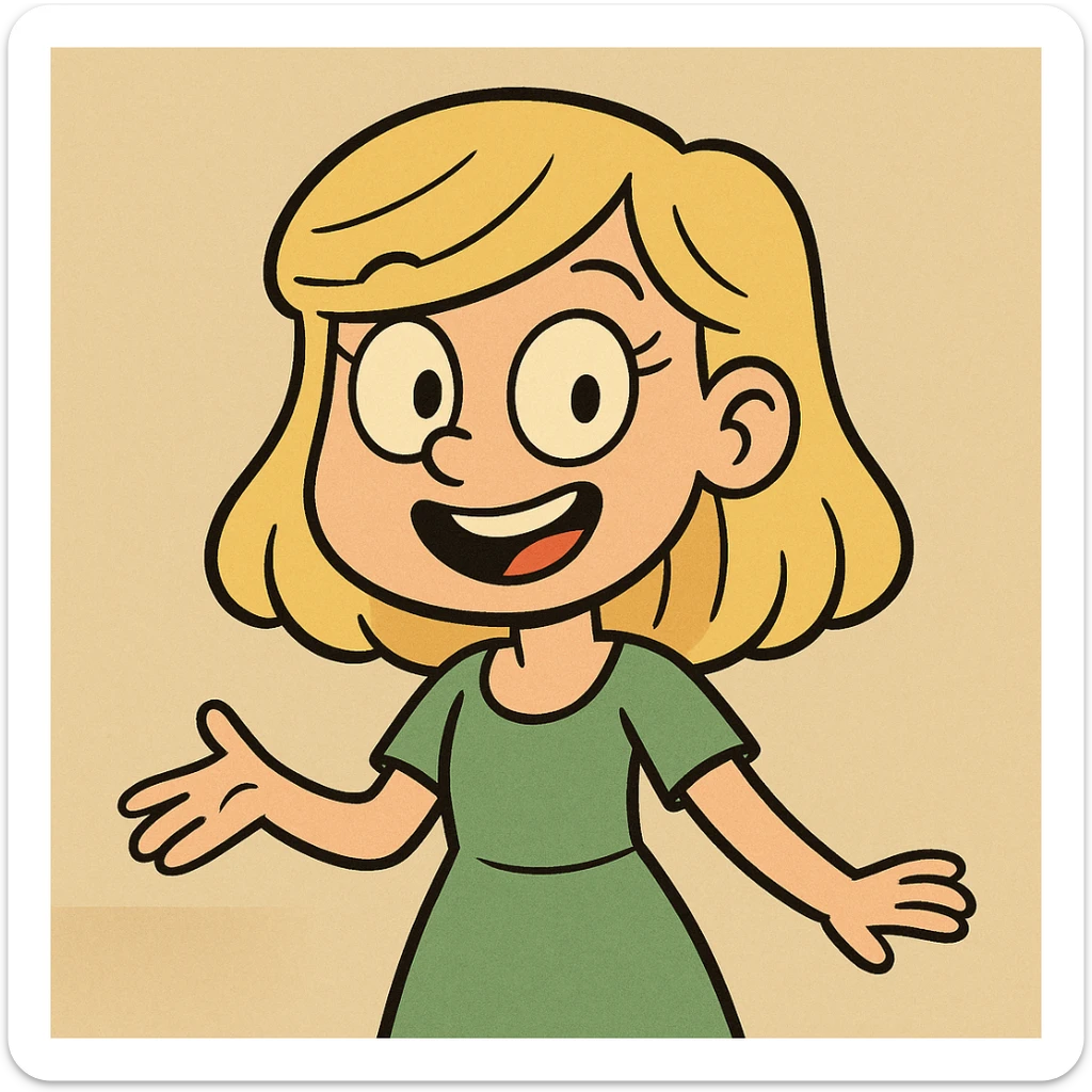 a girl wearing a green dress with blonde hair, cheerful expression, simple background sticker