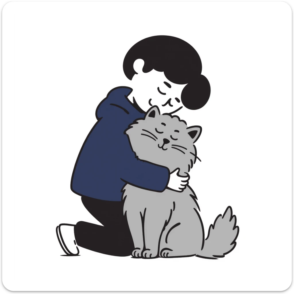 Brunette girl with dark blue sweatshirt snuggling a fluffy grey Siberian cat, warm embrace sticker