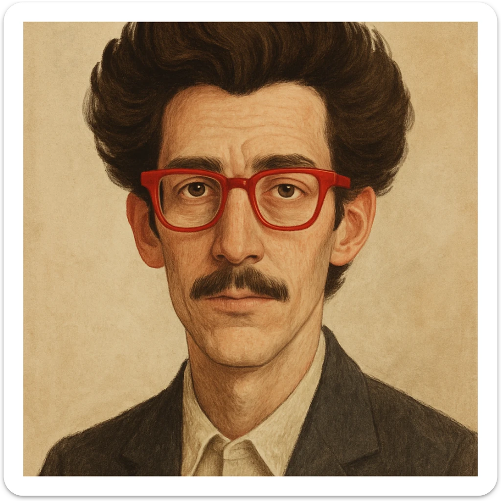 slightly elongated face of a man with red glasses and a big set of brown hair, style 4 sticker