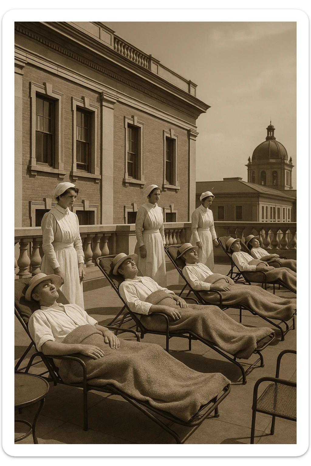 A realistic cinematic image of a hospital rooftop solarium from the 1900s, patients sunbathing under nurse supervision for heliotherapy against tuberculosis and rickets. sticker