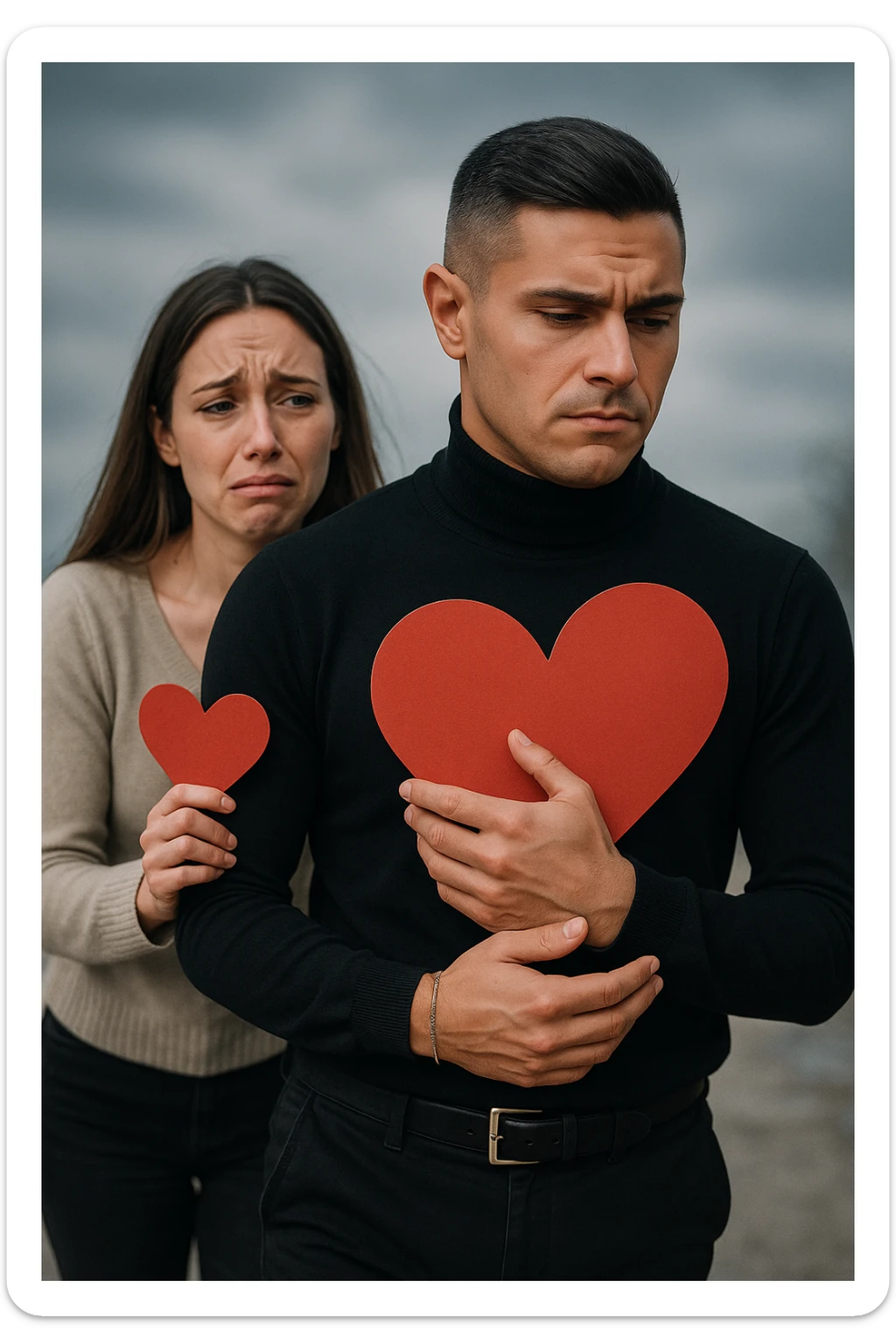 un uomo italiano in abiti casual si allontana da una donna che cerca di abbracciarlo. Lui stringe al petto un grande cuore rosso, mentre lei ne tiene uno più piccolo; entrambi hanno espressioni tristi, e la distanza emotiva è sottolineata da uno sfondo sfocato e freddo. sticker