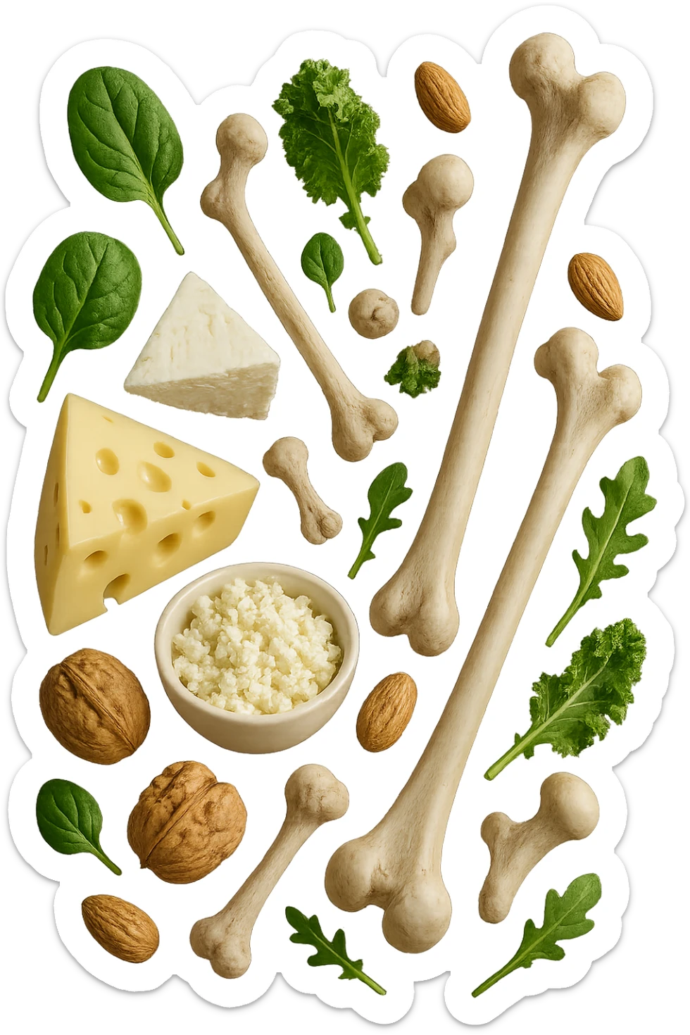 latticini, verdure a foglia verde, frutta secca fluttuano in aria insieme ad ossi umani realistici, iperrealistici 4k sticker