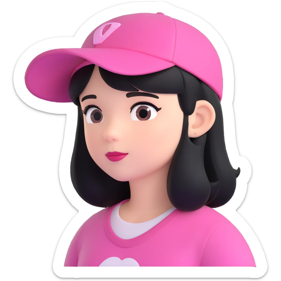 3D Disney style emoji of a girl with black hair, wearing a pink hat, looking sideways, referencing the provided image sticker