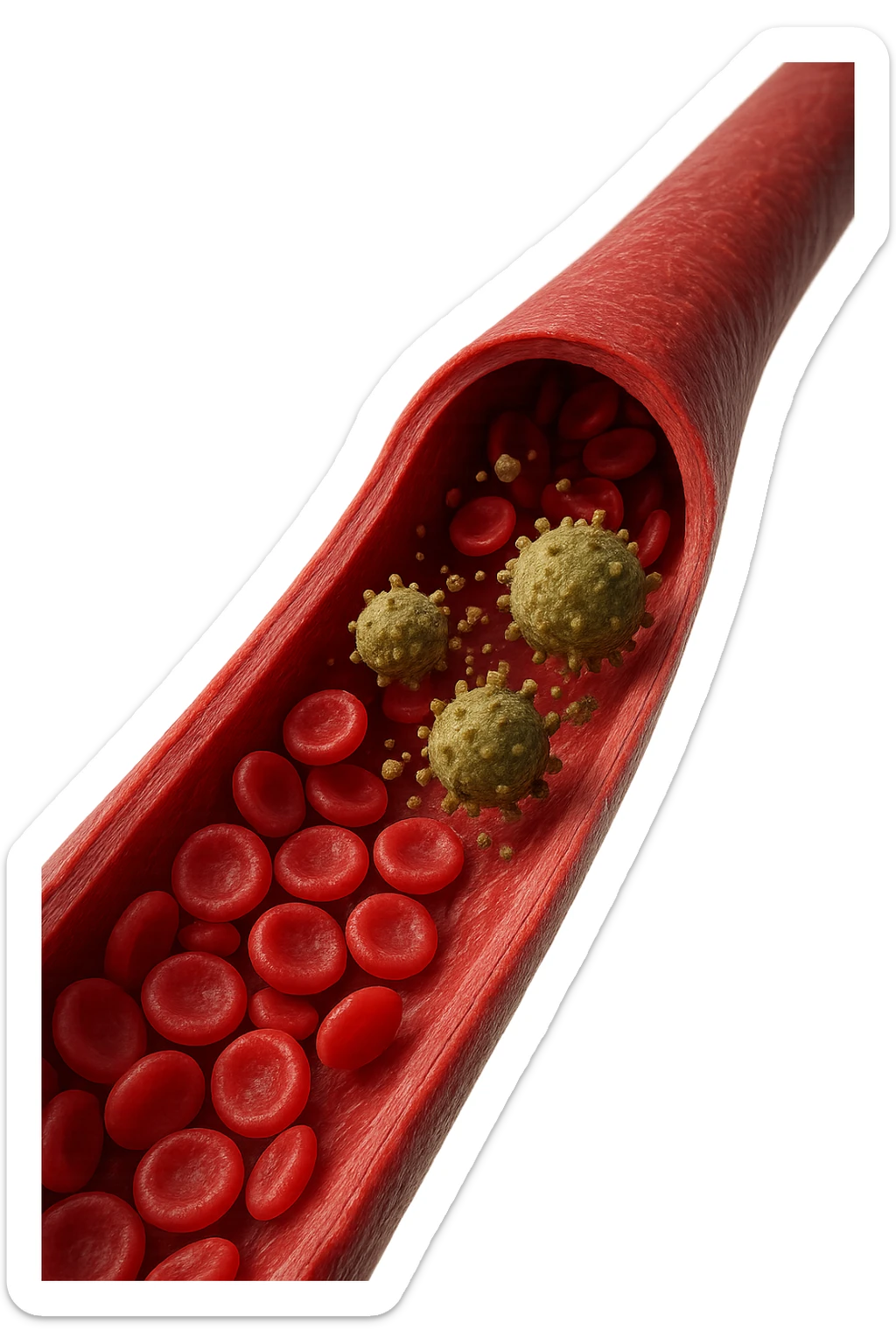 tossine che entrano in una vena umana anatomica realistica, vista dall'alto, iperrealistica 4k sticker