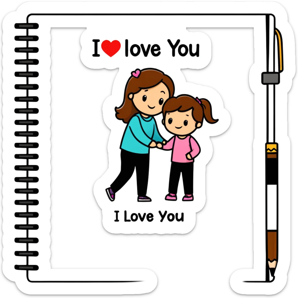 A piece of notebook paper with a drawing of mom and daughter stick figures both with brown hair and with a message that reads I love you Kimberly.  sticker