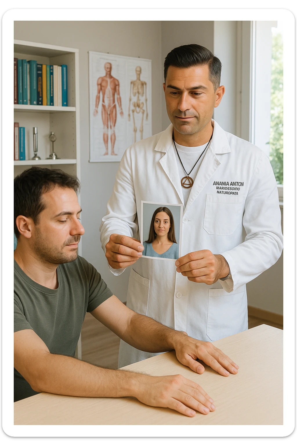 a middle-aged man, dressed in casual professional attire, is in a bright, organized therapy studio. Durante una visita di kinesiologia, il praticante tiene con una mano la foto di una persona lontana (il “testimone”) appoggiata su un tavolo, mentre con l’altra mano esegue un test muscolare su un cliente presente. Sullo sfondo si vedono libri di kinesiologia, poster anatomici e strumenti tipici della disciplina. L’atmosfera è concentrata e serena, con luce naturale che entra dalla finestra, sottolineando l’aspetto alternativo e umano della pratica. sticker