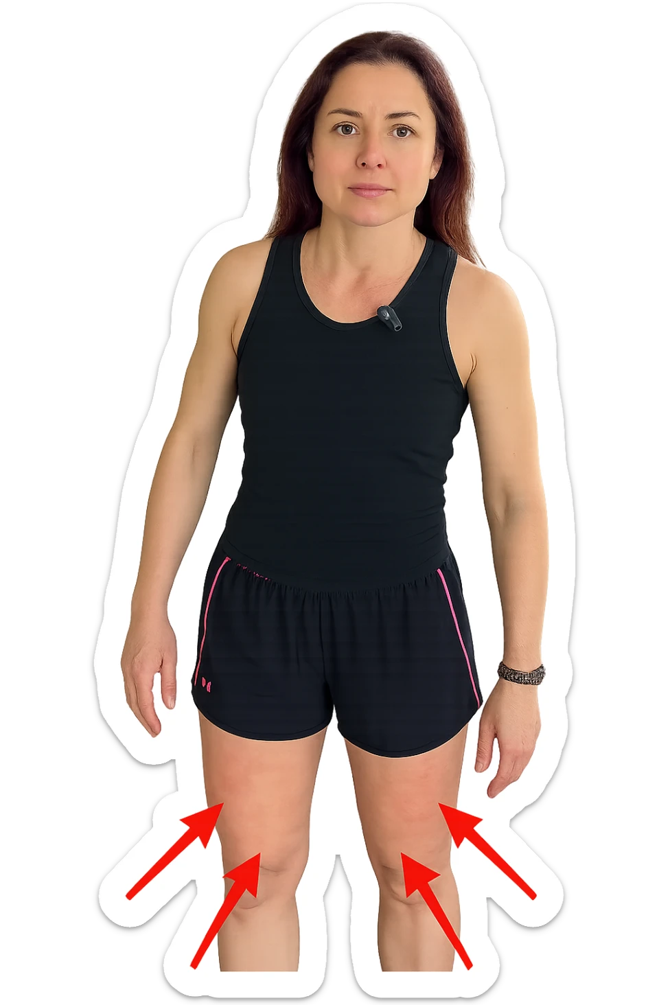 Donna con cellulite sulle cosce indica le cosce che sono infiammate di cellulite con frecce ad indicare  senza mano alzata come in foto. sticker