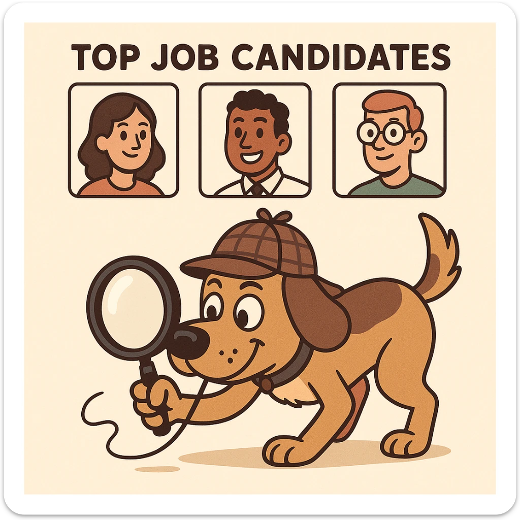 playful dog wearing a detective hat, holding a magnifying glass, sniffing out top job candidates, cartoon style, friendly expression sticker
