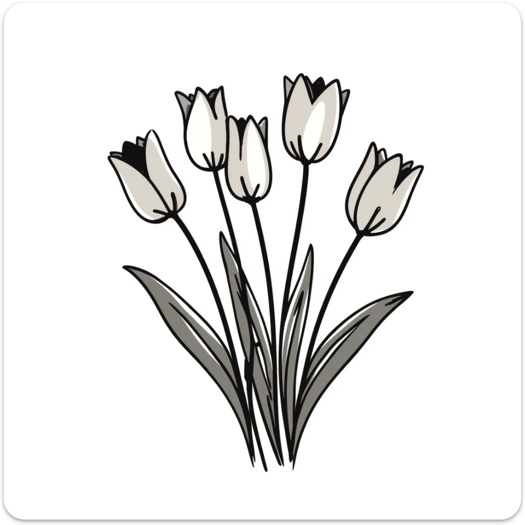 Bouquet of tulips with stems and leaves. Using specific pastel colors (dd9fb0, ffc6d3, a3bfc9, c4bee2, f1b091). Hand-drawn doodle style with delicate flower details. Multiple tulip blossoms in different stages of opening. Elegant floral design with transparent background. sticker