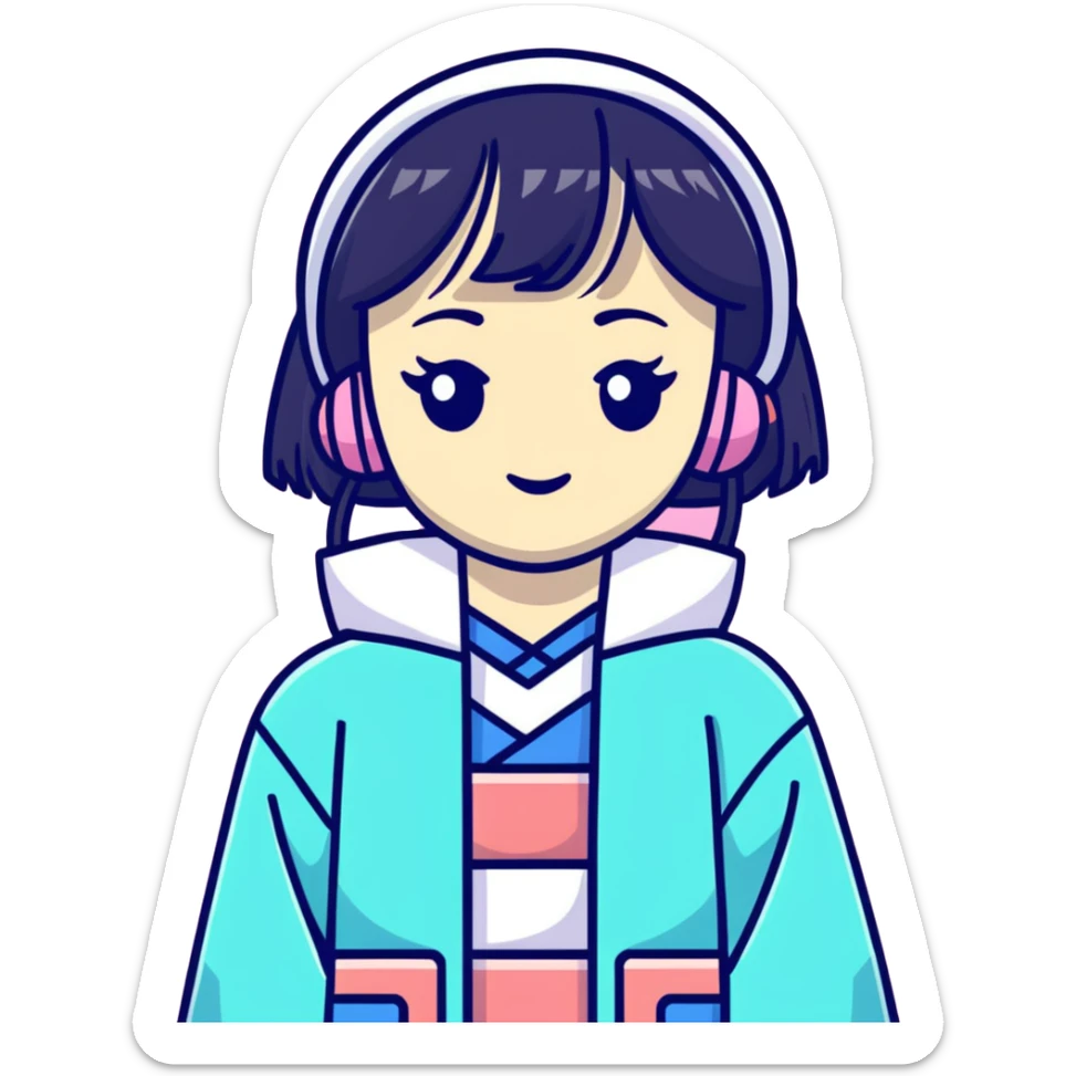 Vaporwave aesthetic Japanese girl with geometric background, retro 80s style, pastel colors, Japanese kanji text, digital sunset, nostalgic elements sticker