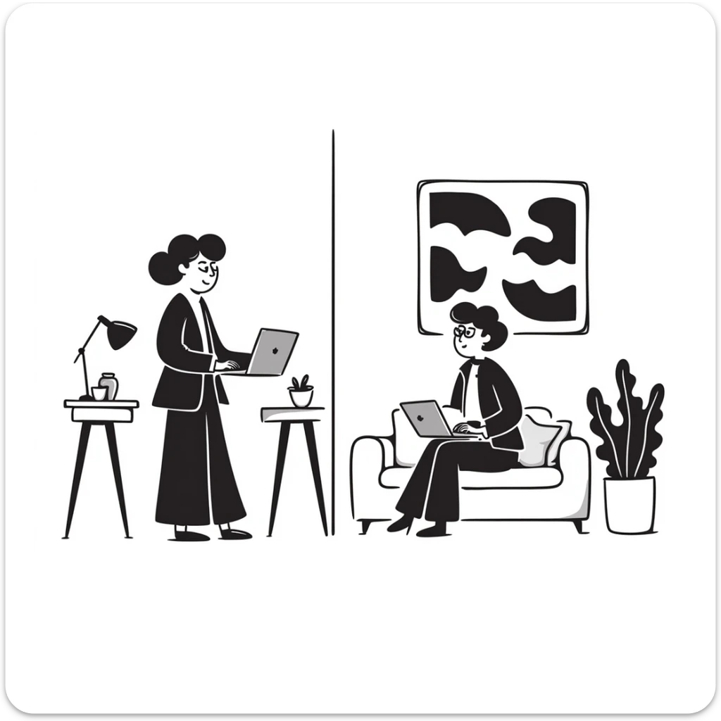 Flat illustration of a cozy mid-century living room with two people working on laptops, one man standing at a desk and one woman sitting on a couch, warm tones, two walls and floor visible sticker