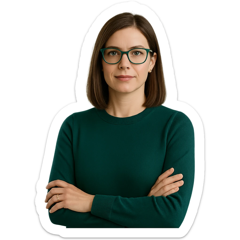 female CEO wearing an emerald green sweater, medium-length straight brown hair, emerald green glasses, business setting sticker