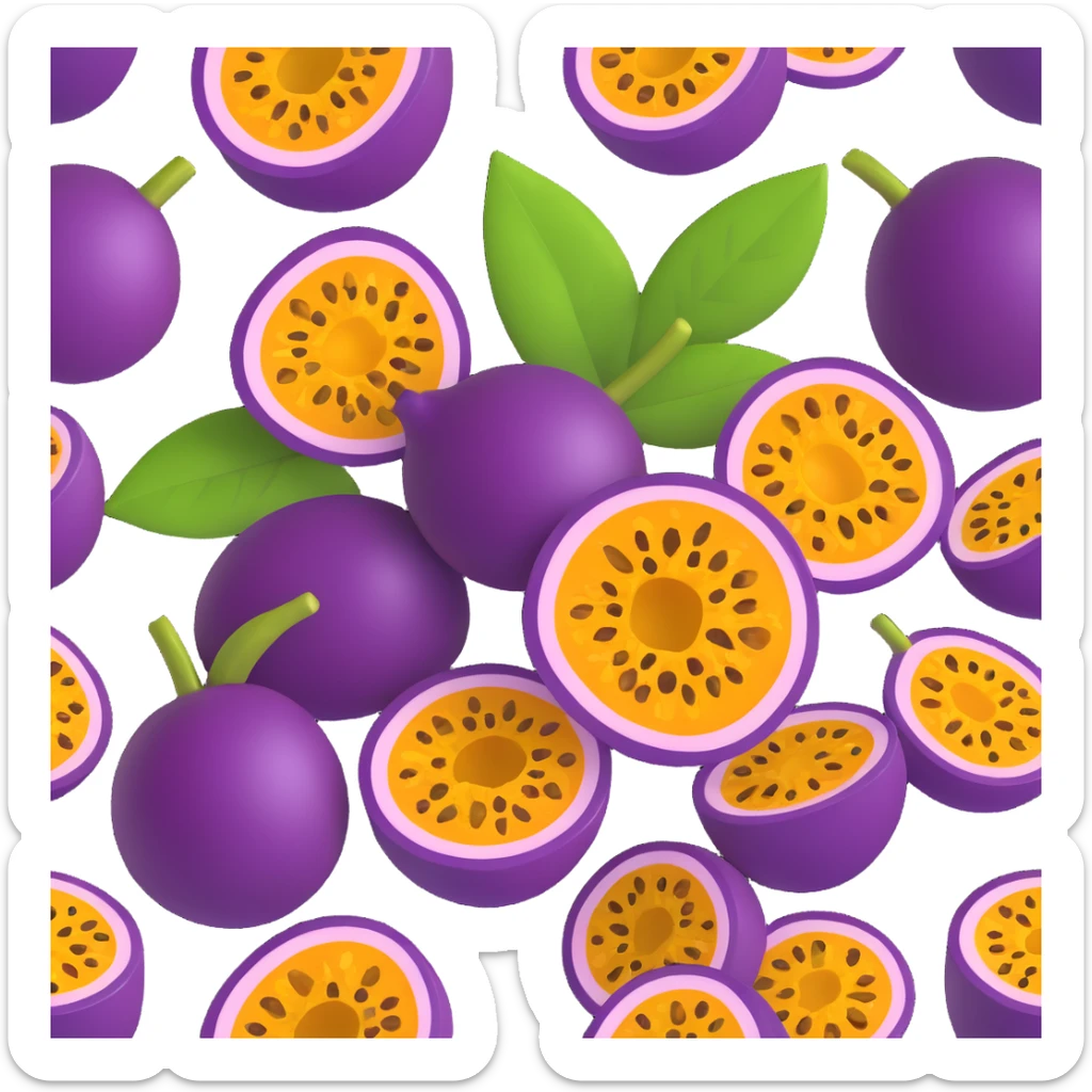 a cluster of passion fruits, some whole and some cut, rich purple color, fresh and inviting sticker