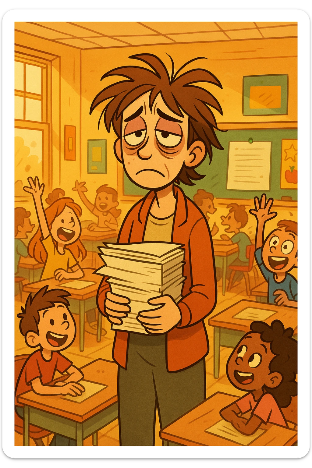 digital cartoon art of a exhausted teacher in a bustling classroom sticker