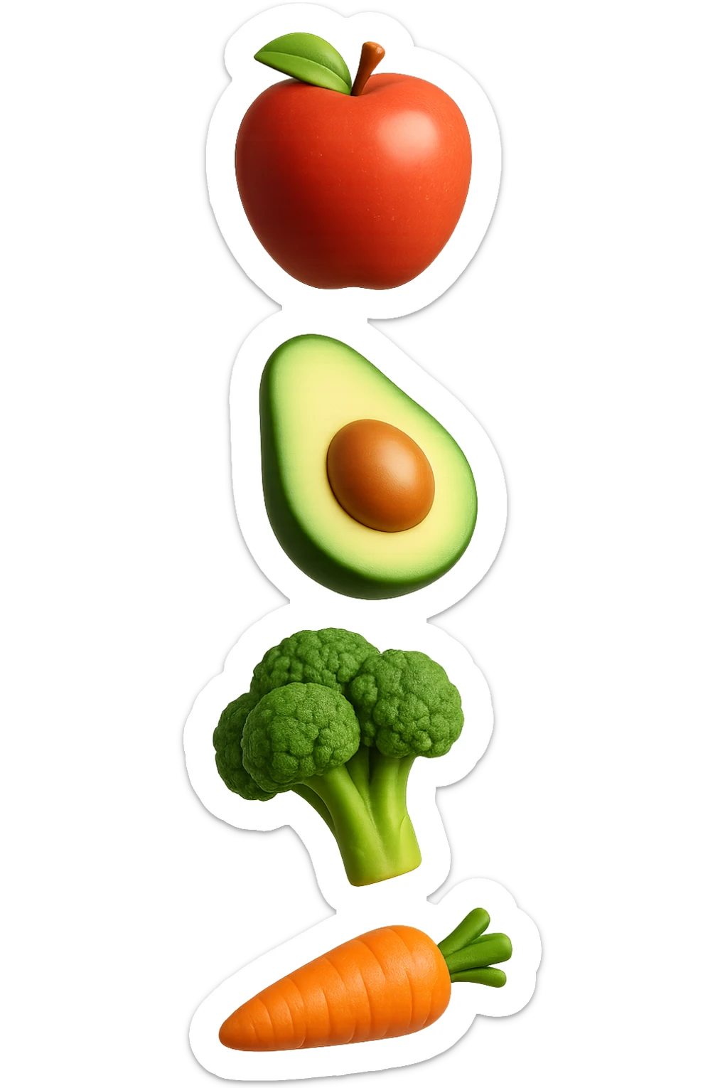 emoji stile iphone in 3d di cibo sano che fluttua in aria vericalmente, iperrealistico 4k sticker