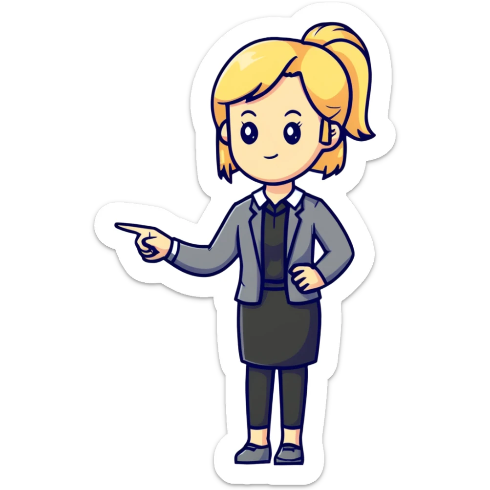angry blonde female teacher full body without glasses, pointing finger sticker